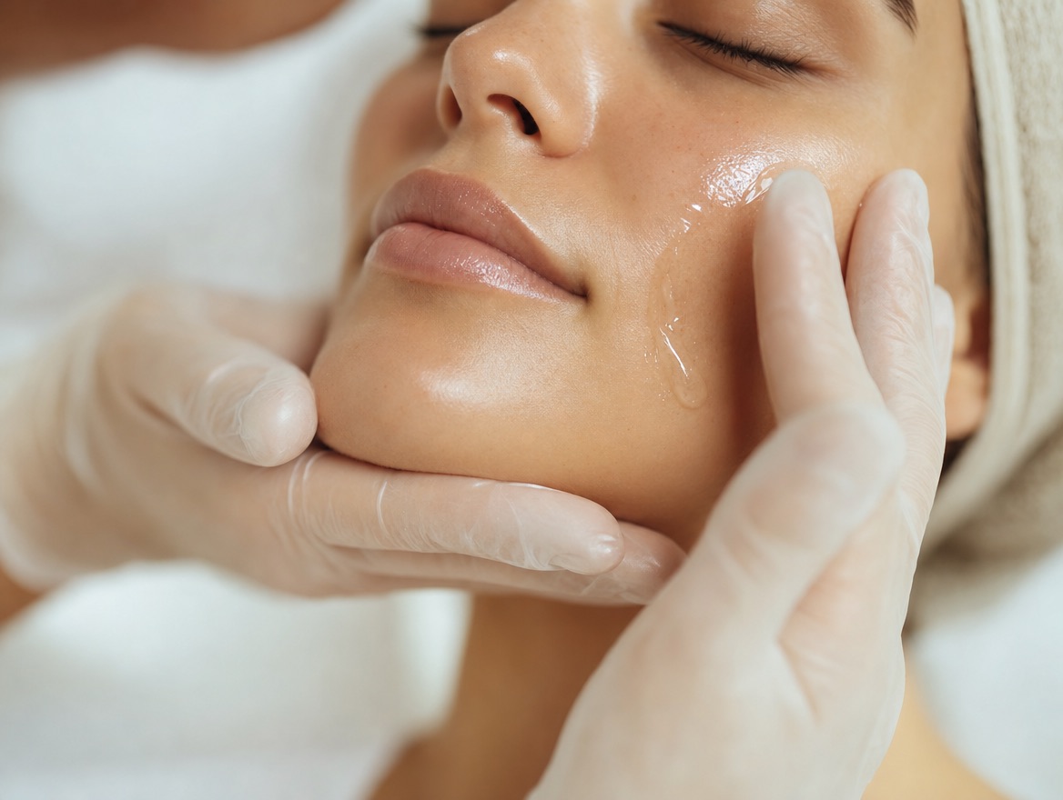 A clinician applying serum during a facial