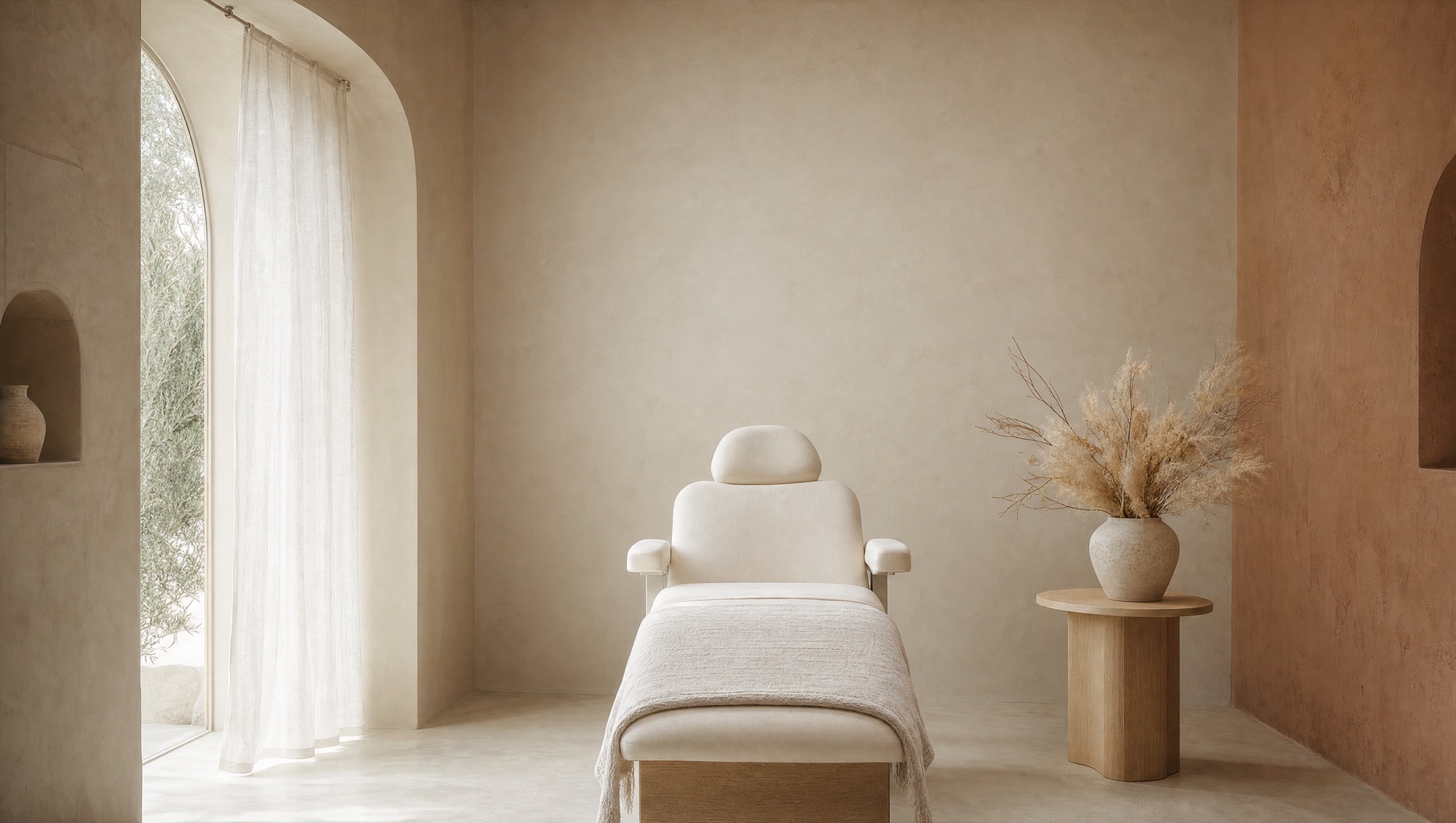 Maren's studio: limewash walls, an arched window and a cream treatment chair