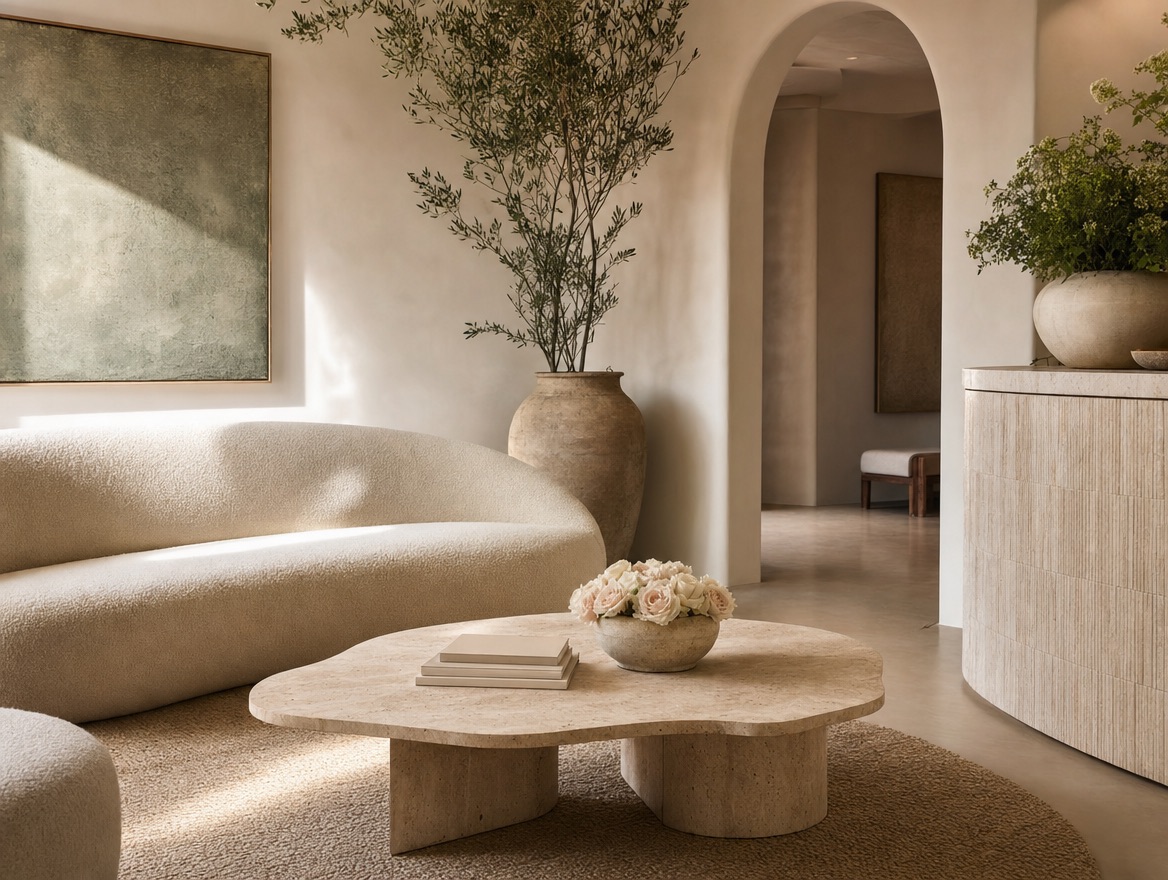 A quiet lounge with a curved sofa and pale roses