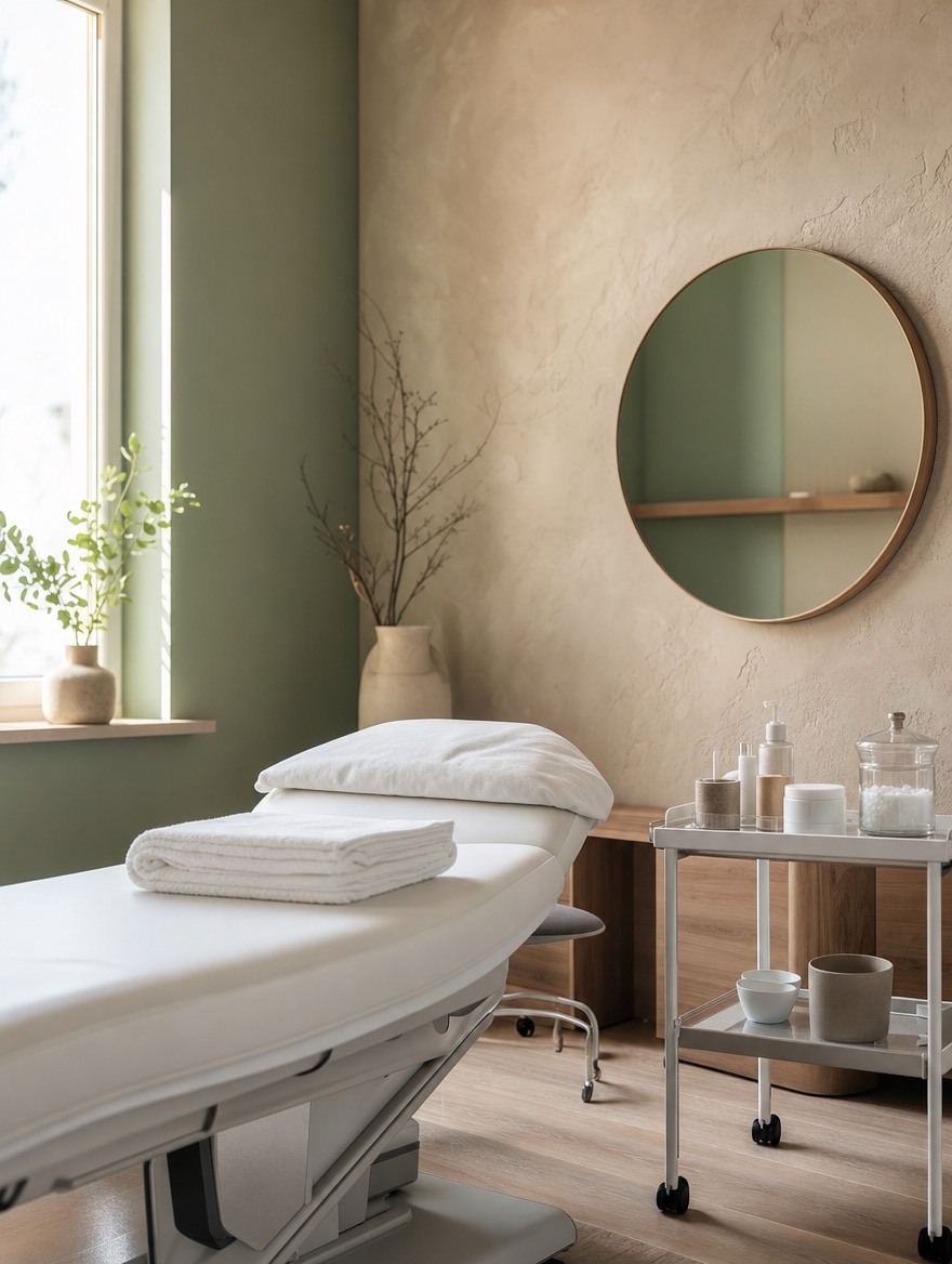 A calm treatment room with a white bed and a round mirror
