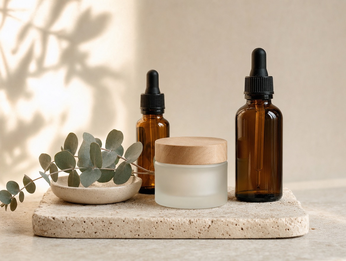 Amber glass skincare bottles on a travertine tray