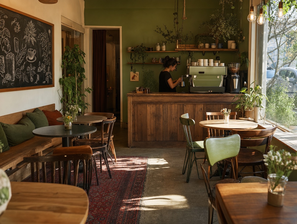 A small café with a wooden counter, one espresso machine and a sunny front window