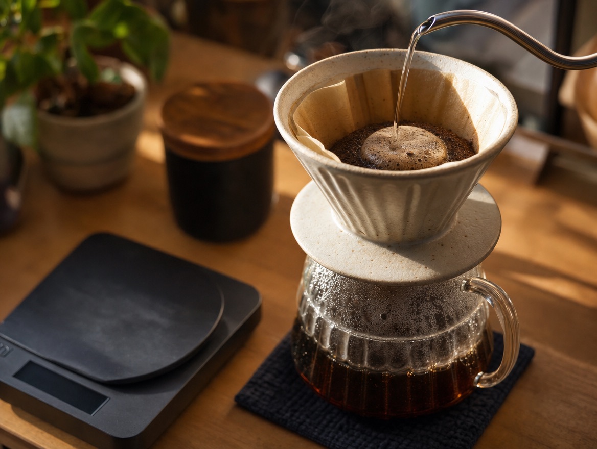Water pouring from a gooseneck kettle into a pour-over dripper