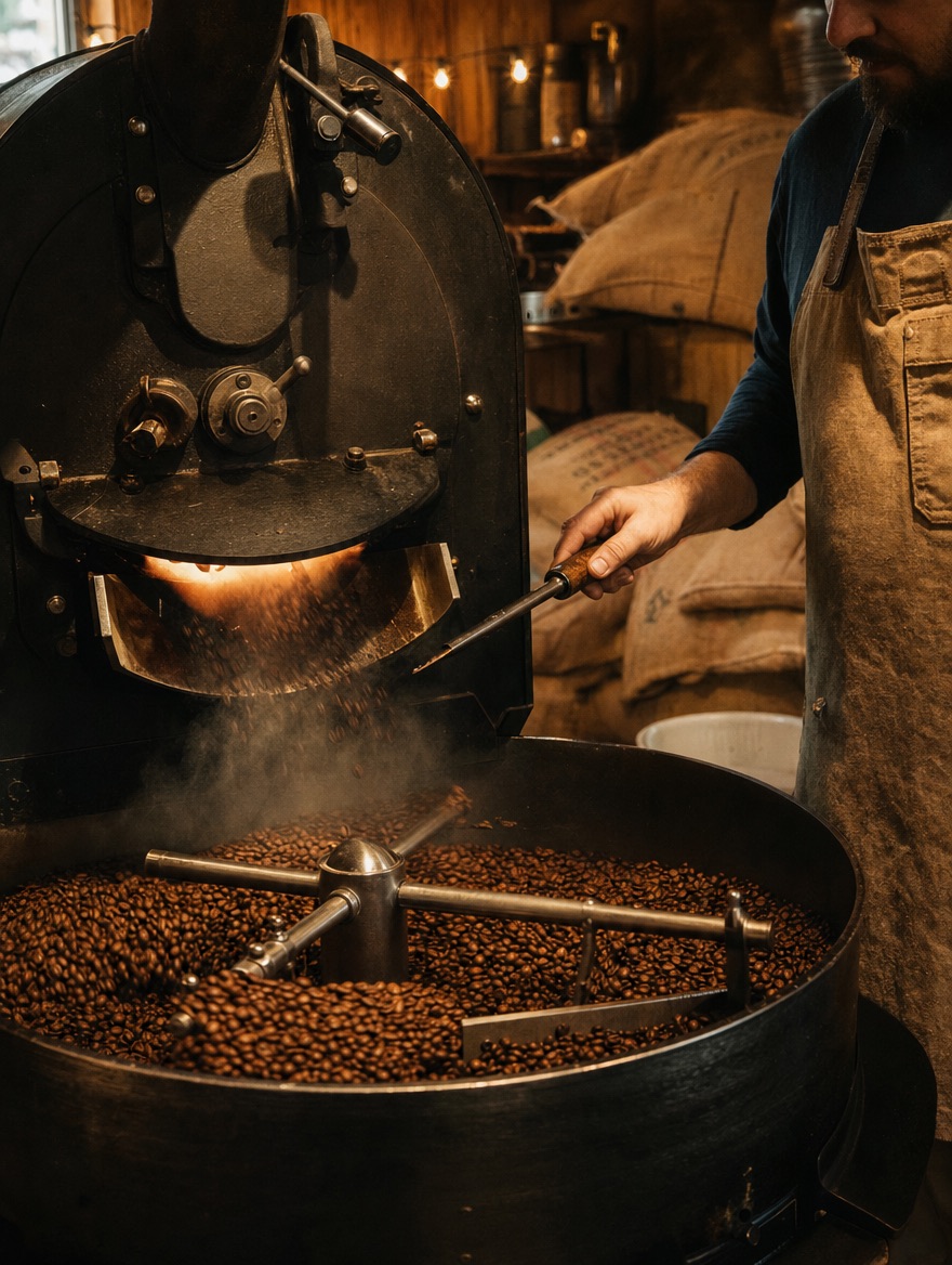 Fresh beans tumbling in the cooling tray of a drum roaster
