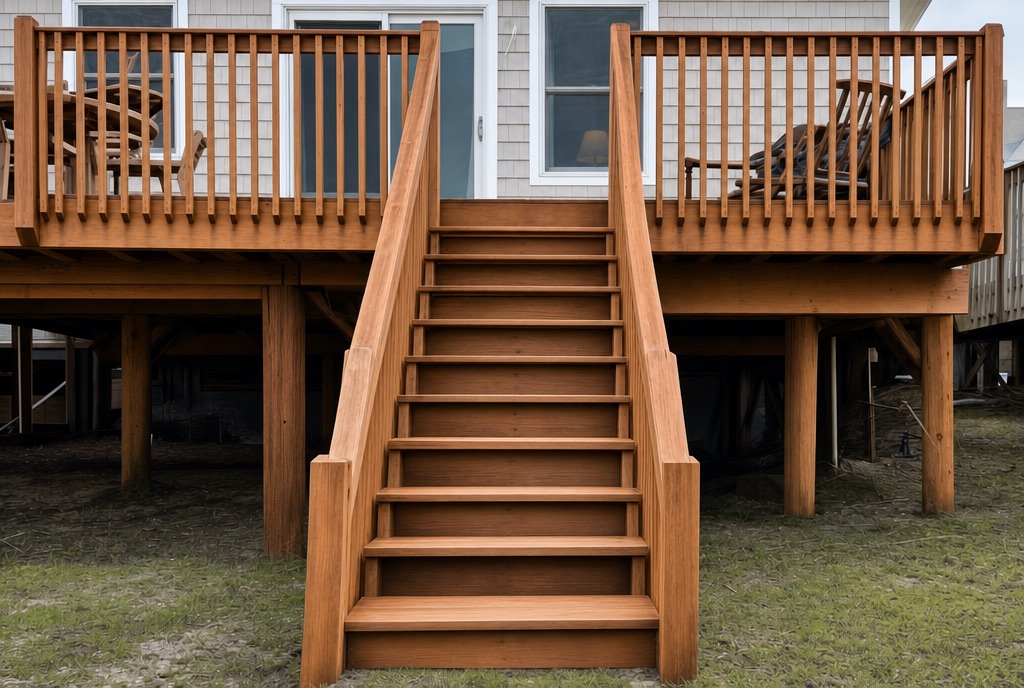 After: the same deck sanded and stained a warm cedar colour