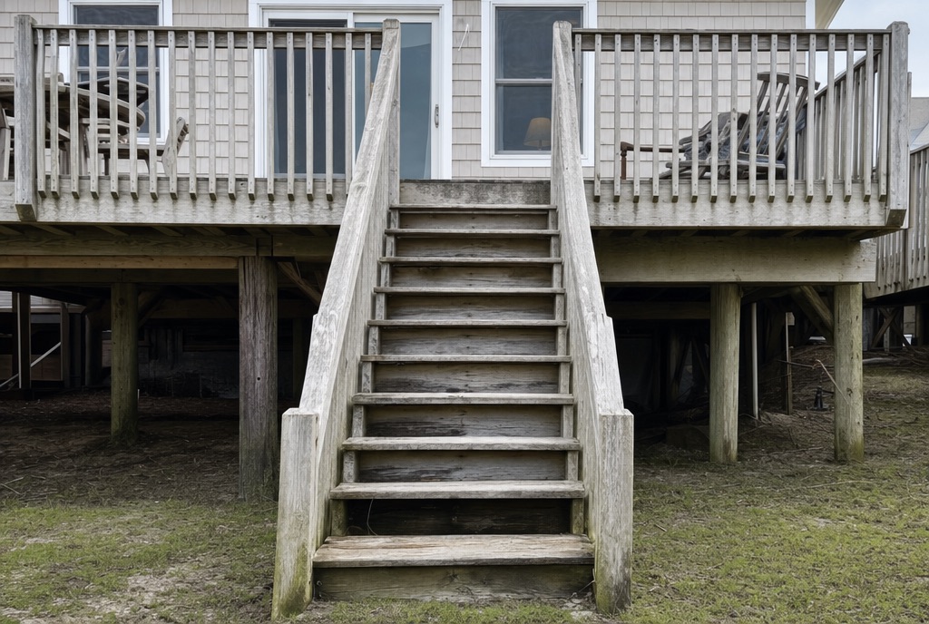 Before: a weathered grey deck with peeling stain and mildew