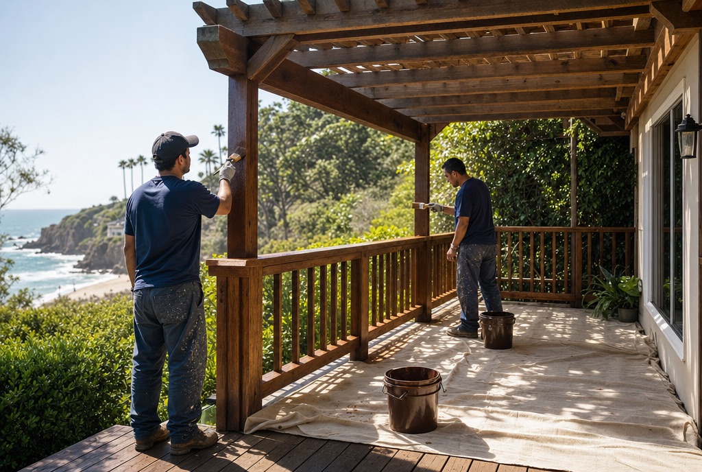 Two crew members staining a pergola and deck railing