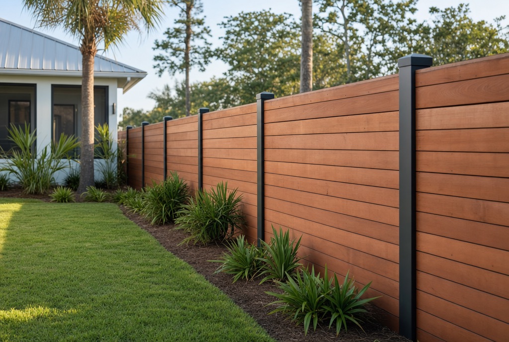 New horizontal cedar privacy fence in a backyard