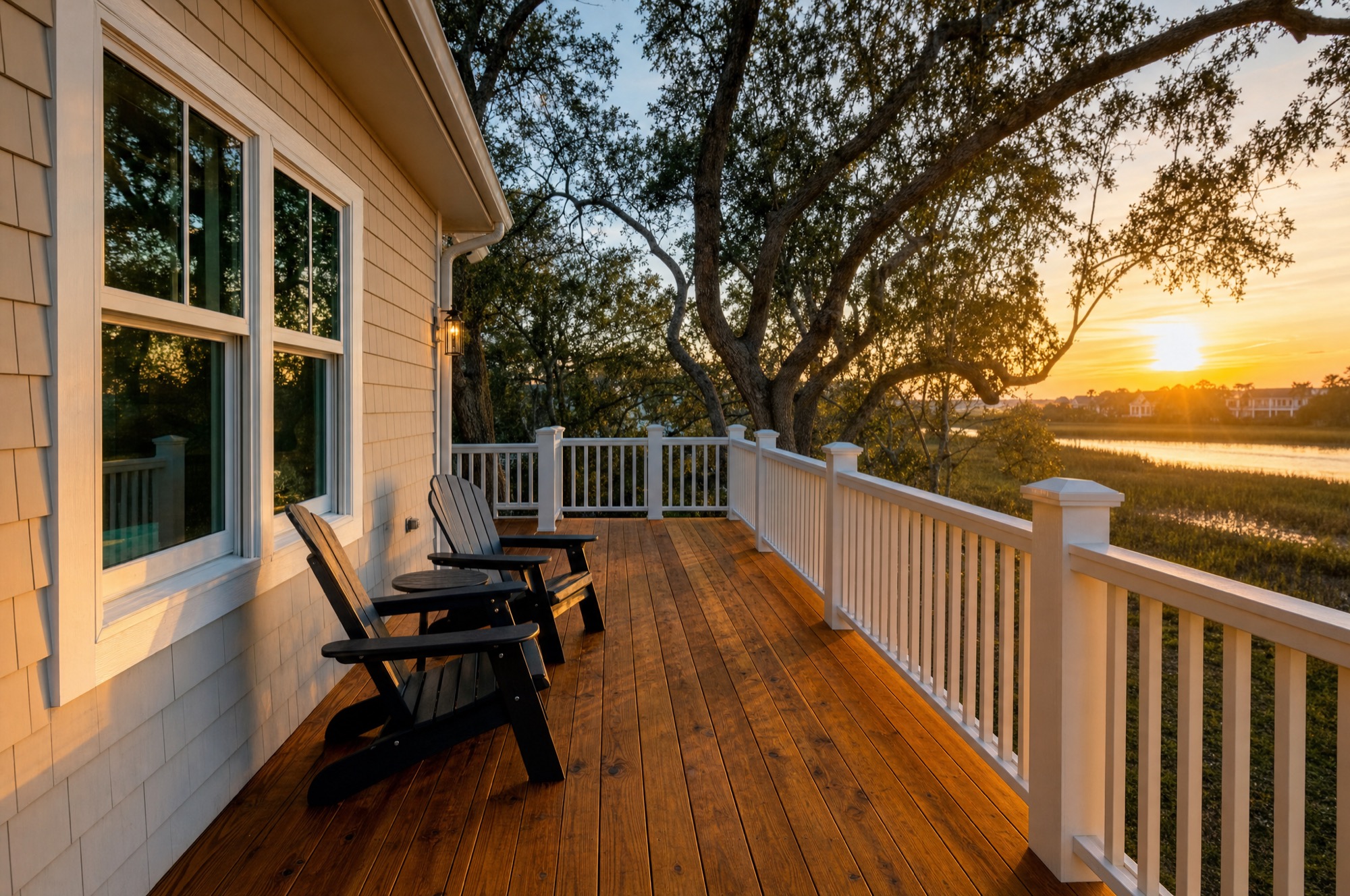 A restored honey-brown cedar deck with white railings behind a raised coastal home at sunset
