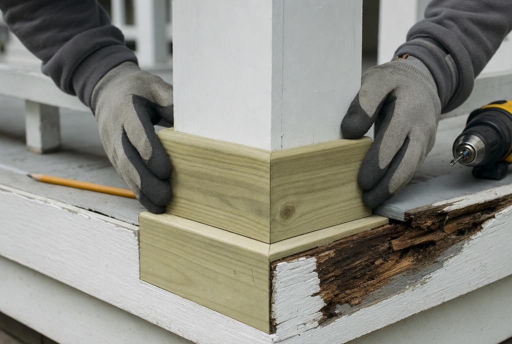 Carpenter replacing a rotted porch post base