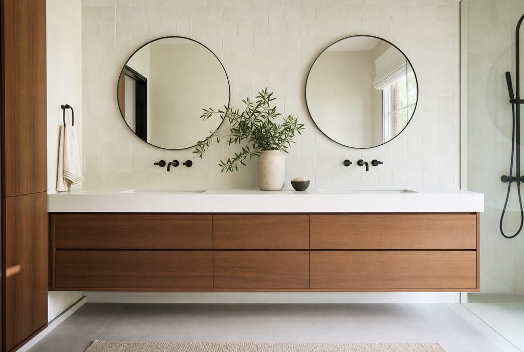 Floating walnut double vanity with round mirrors