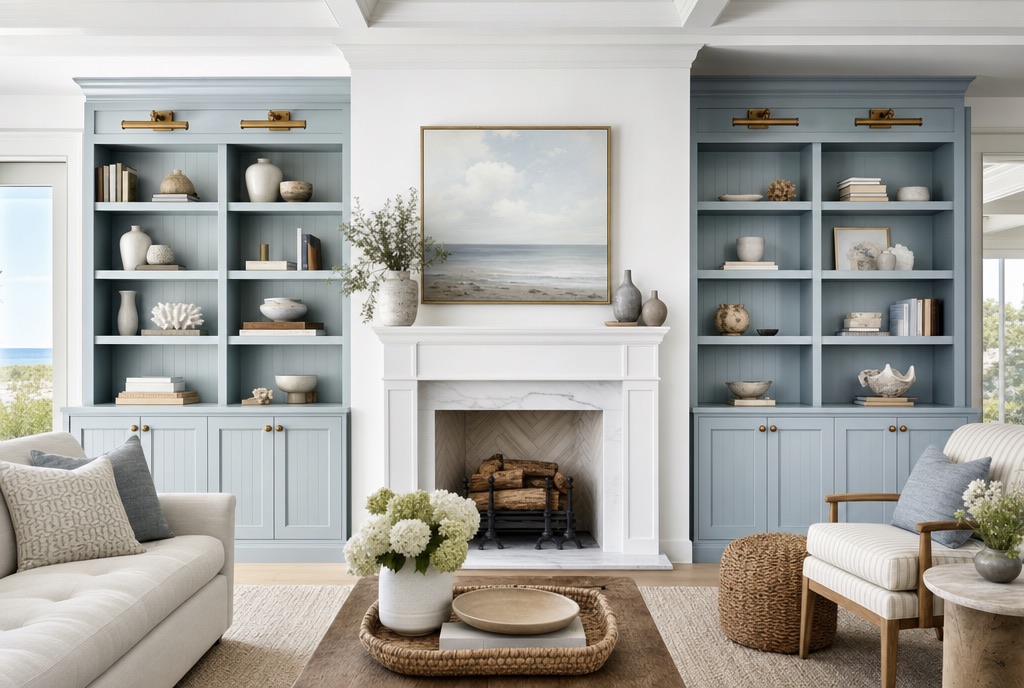 Blue-grey built-in bookshelves either side of a fireplace
