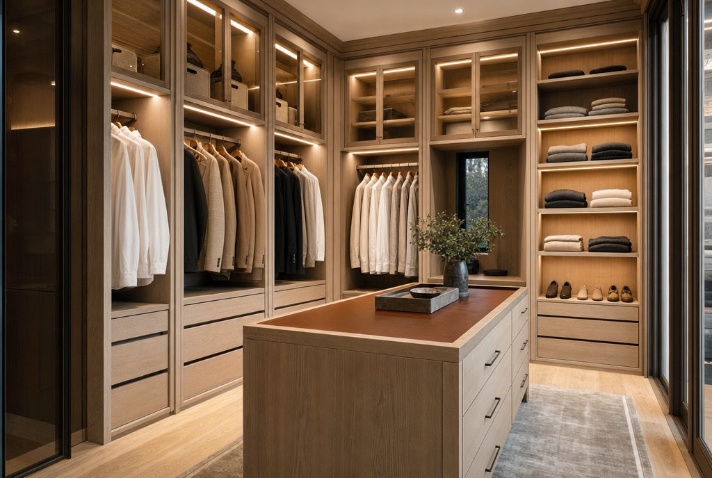 White oak walk-in closet with glass doors and a center island