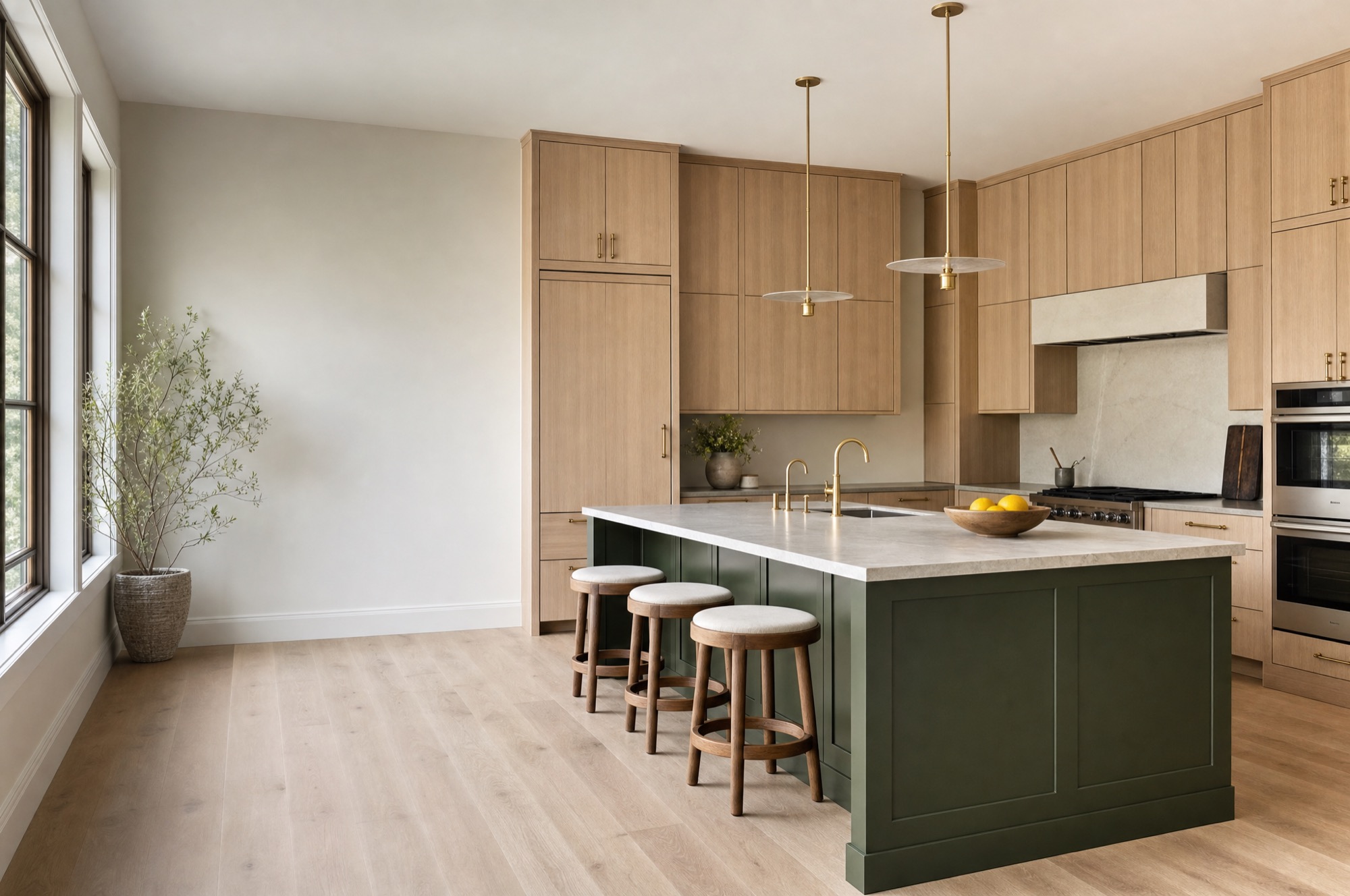 White oak kitchen with an olive green island, quartzite counter and brass pendants