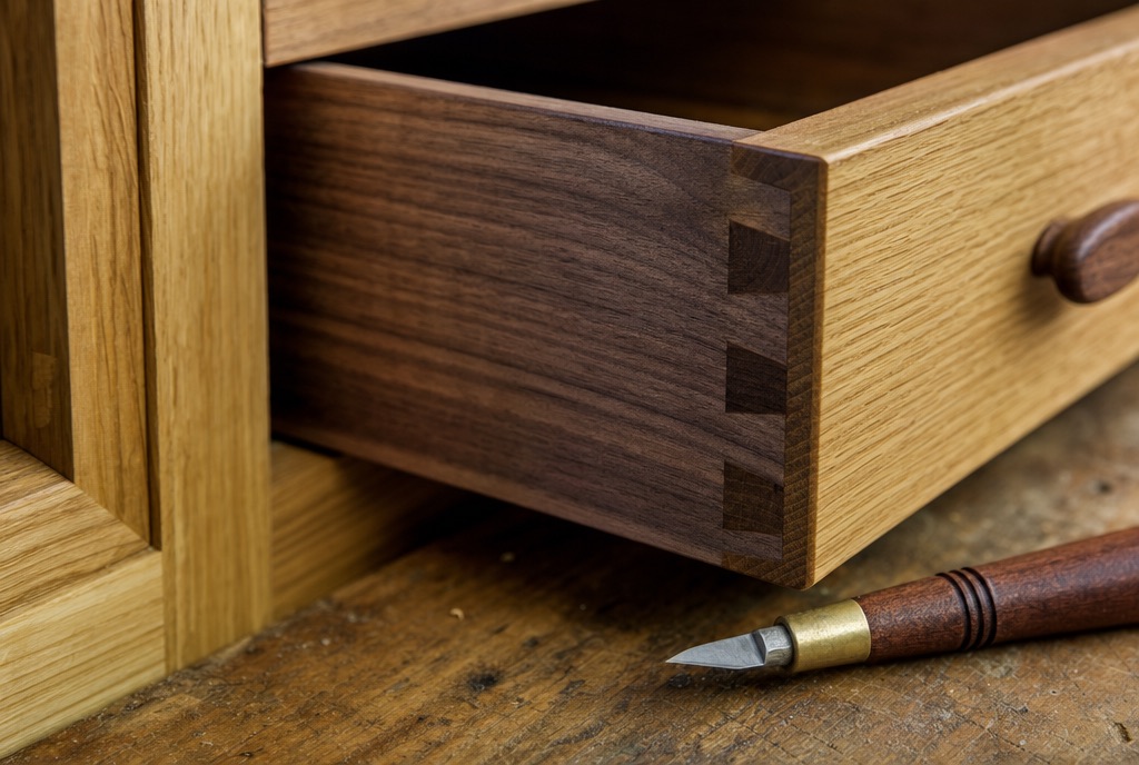 Hand-cut dovetail joints on a walnut drawer box