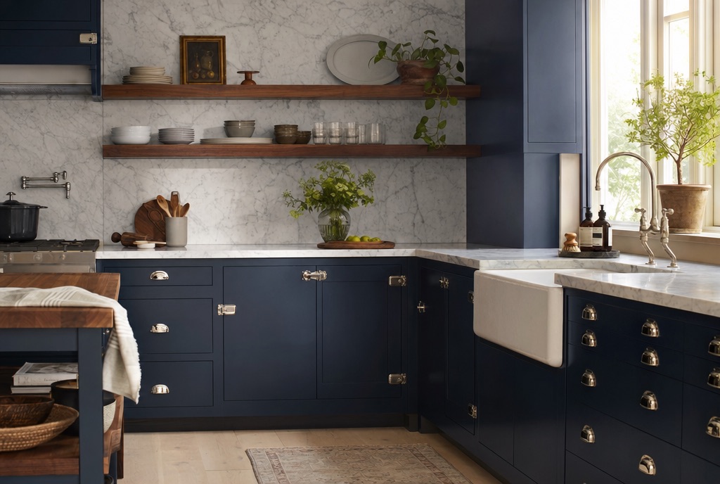 Navy inset kitchen with marble backsplash and walnut shelves