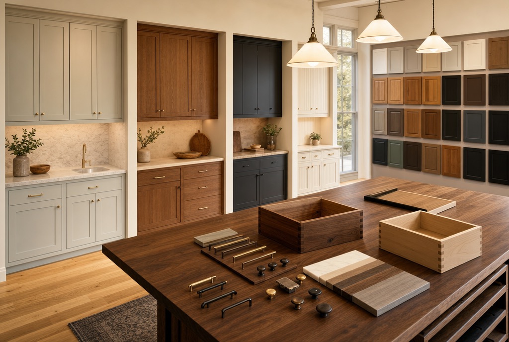Cabinet showroom with door samples, finish wall and a walnut worktable