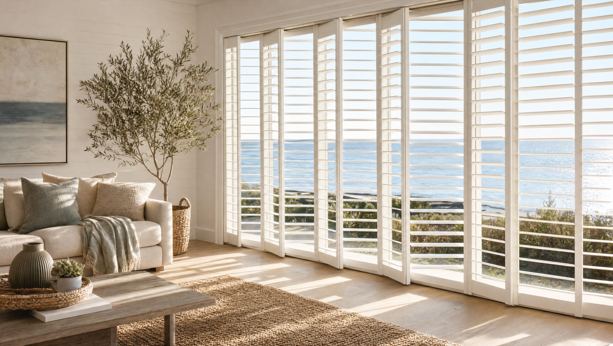 White plantation shutters in a living room