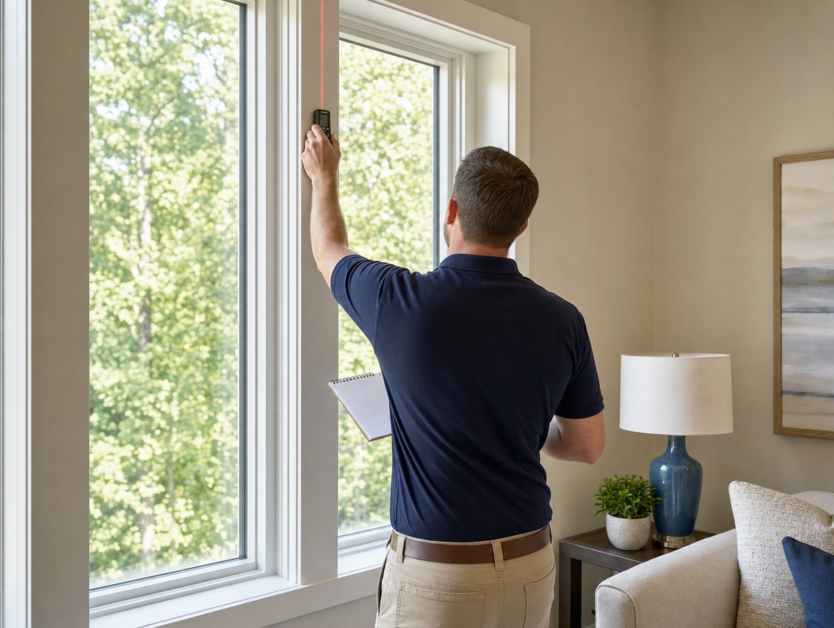 An installer measuring a window frame