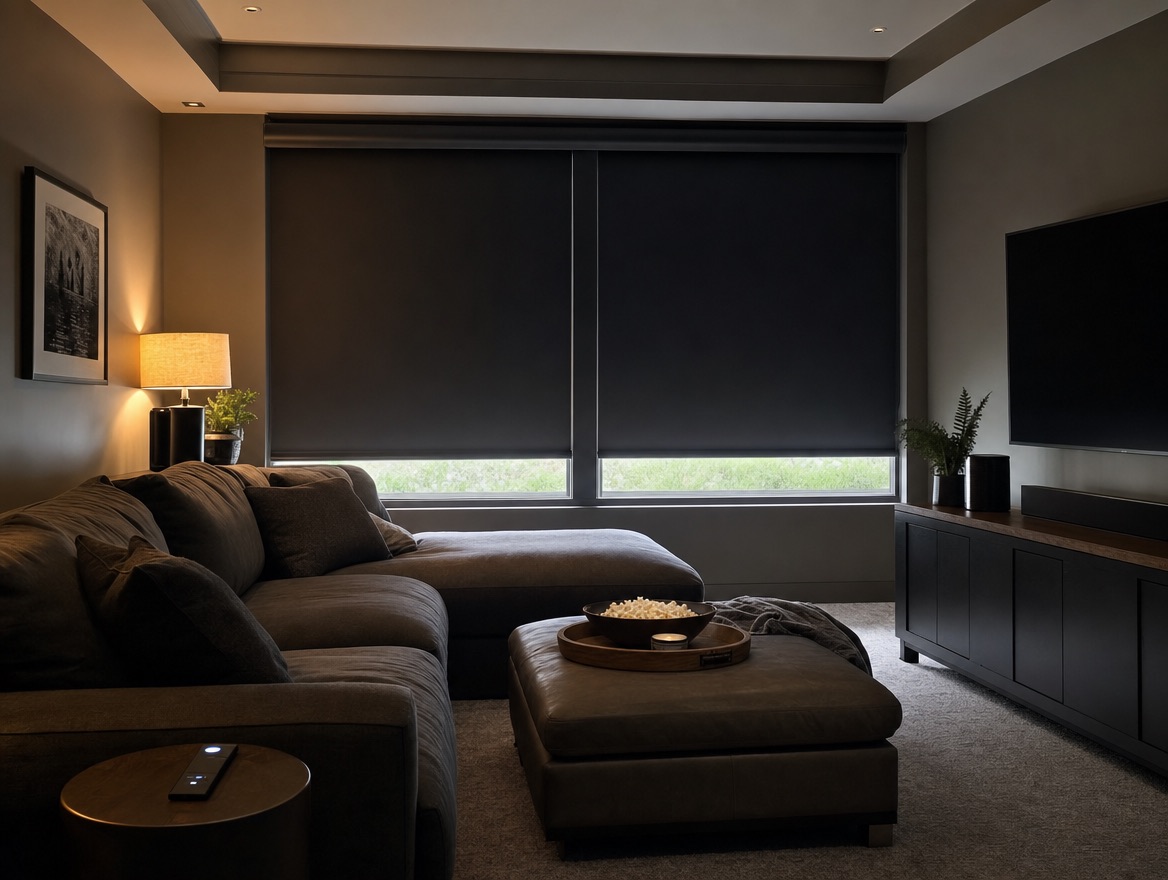 Charcoal motorized blackout shades in a media room