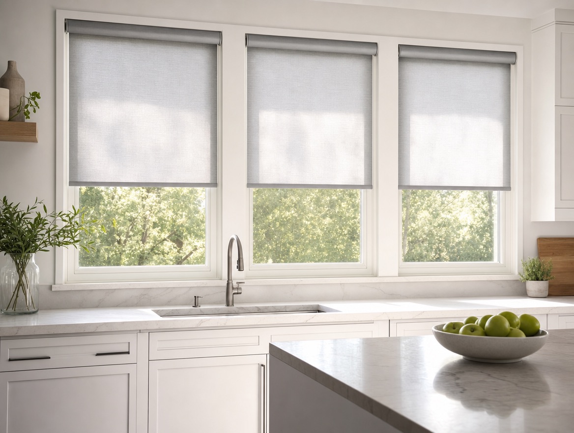 Grey roller shades half lowered in a white kitchen