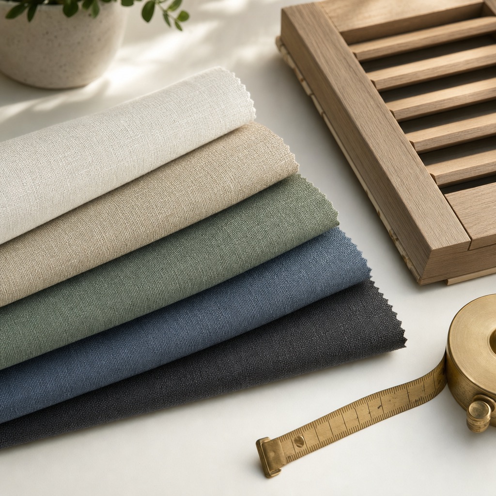 Fanned fabric swatches and a shutter louver sample