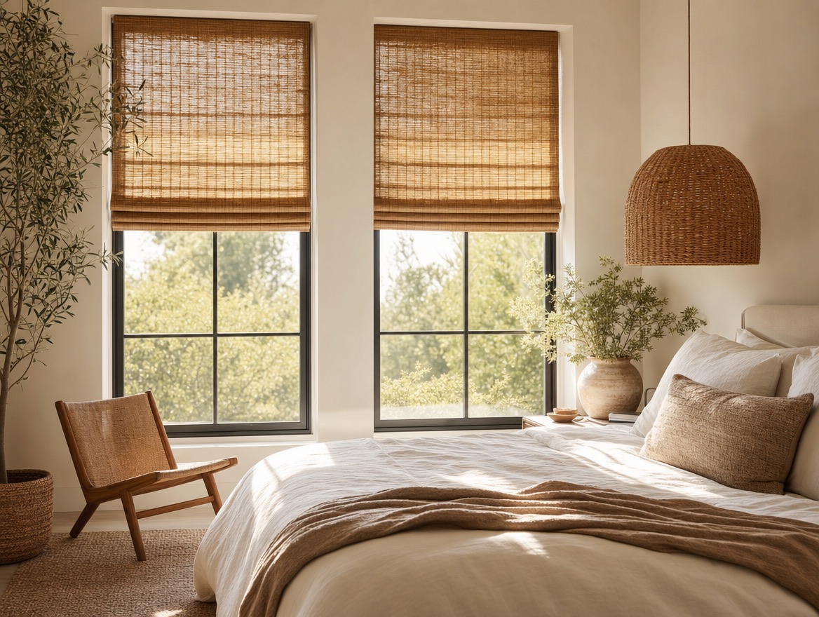 Woven bamboo roman shades in a bedroom