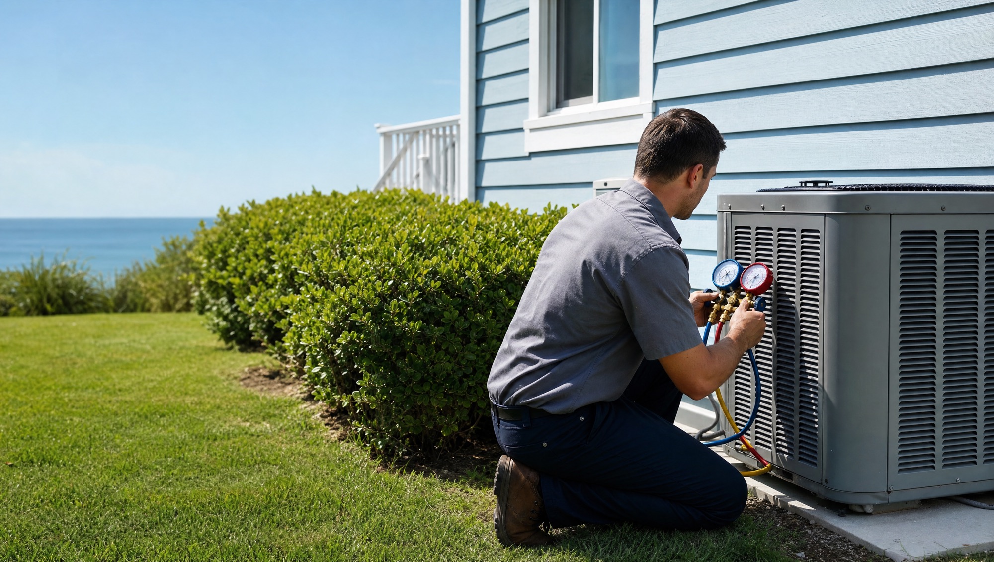 A technician checking gauges on an outdoor air conditioning unit