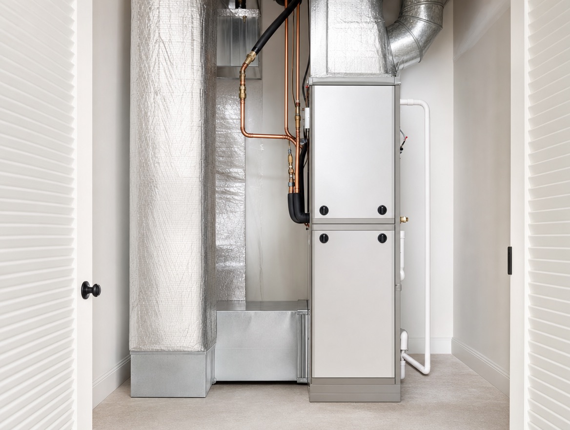 A new furnace and air handler installed in a utility closet