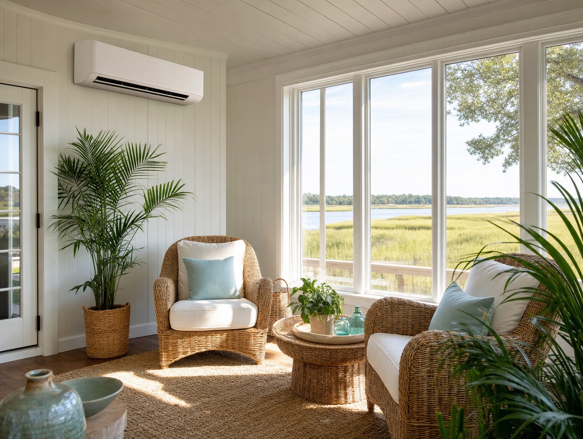 A ductless mini-split unit in a sunroom