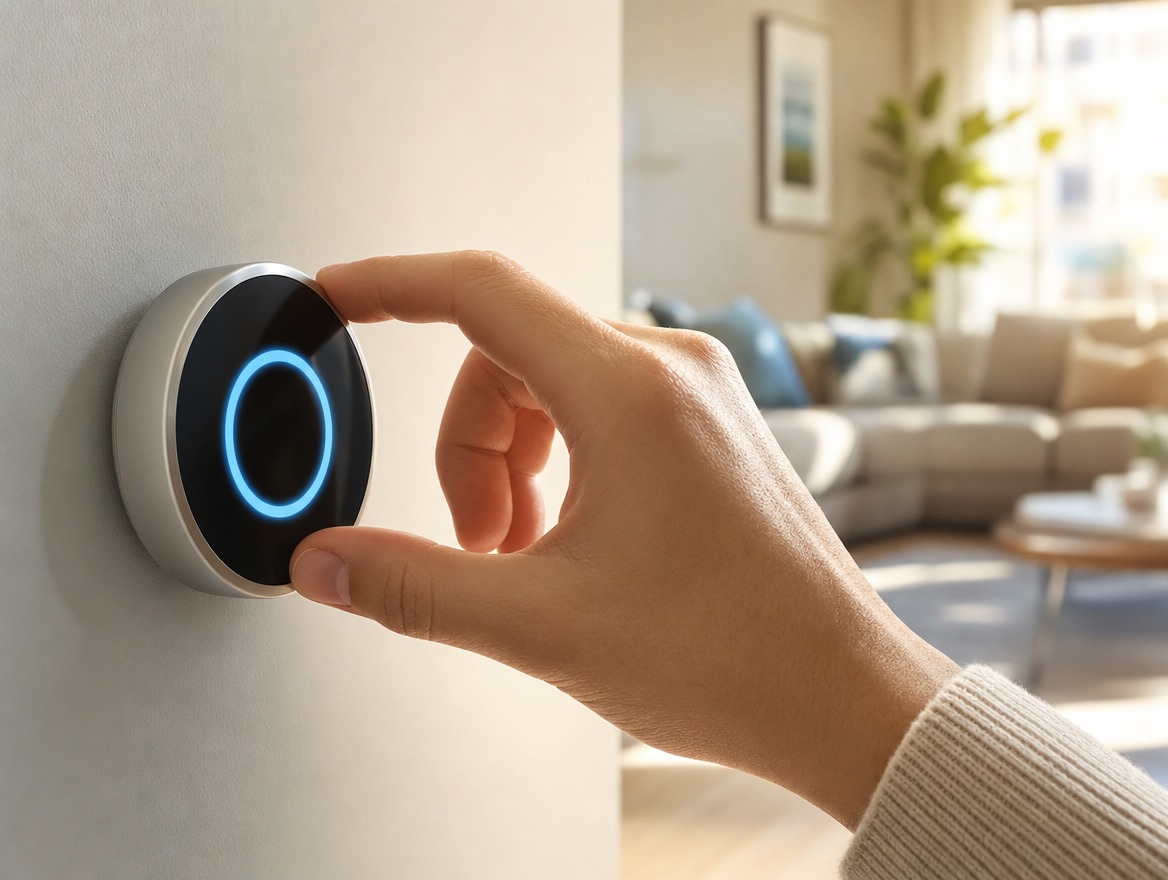A hand adjusting a smart thermostat
