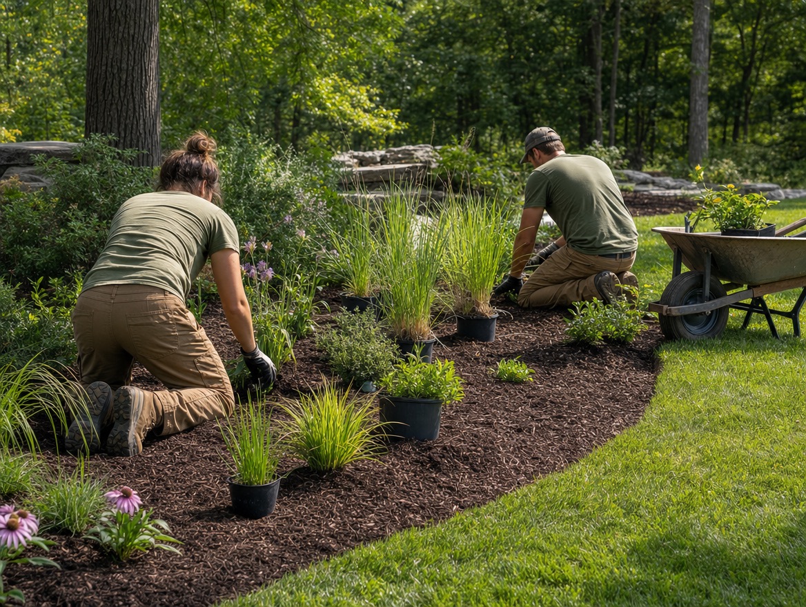 A crew planting native perennials into a new bed