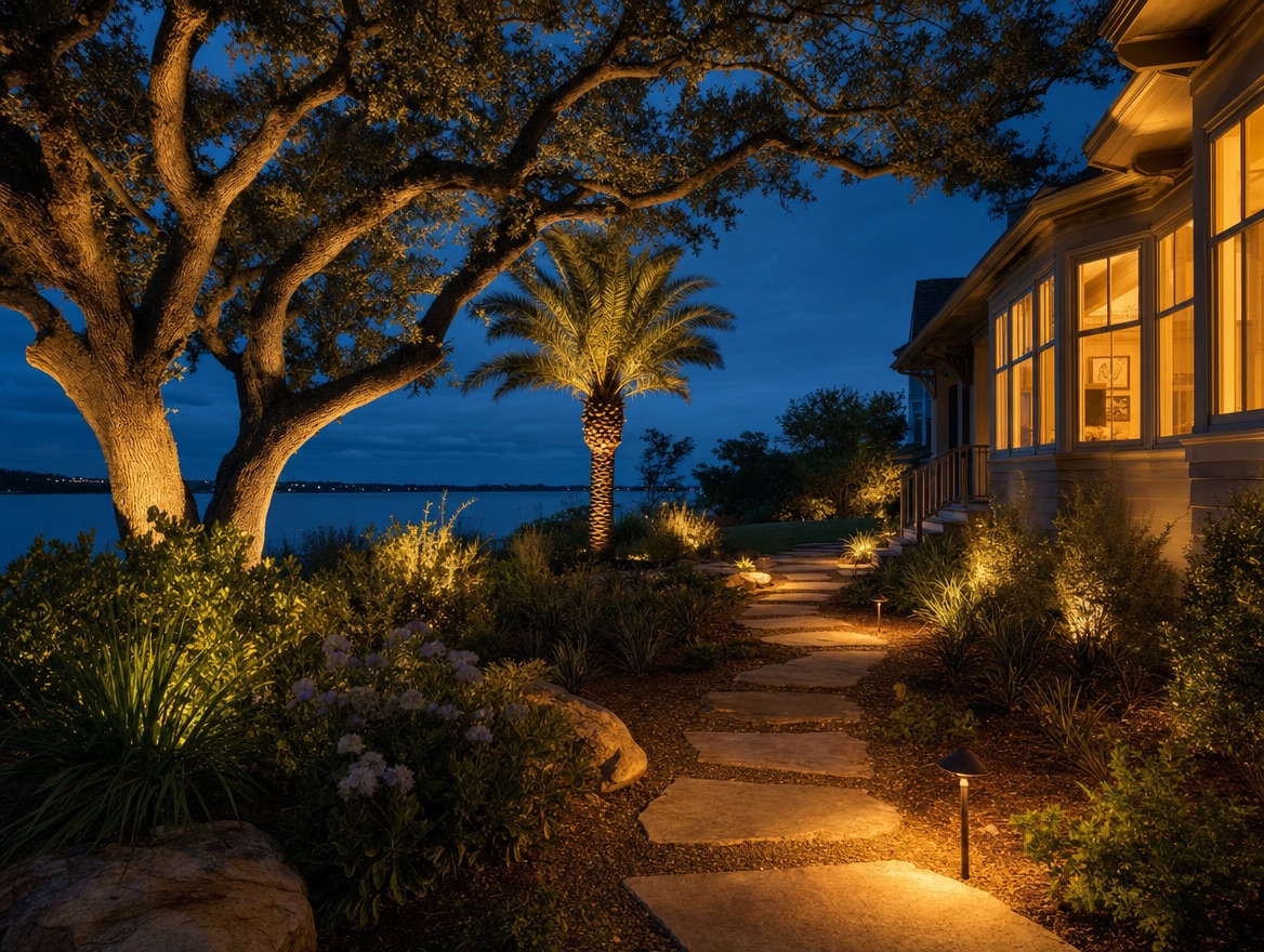 A backyard at dusk with uplit trees and path lights