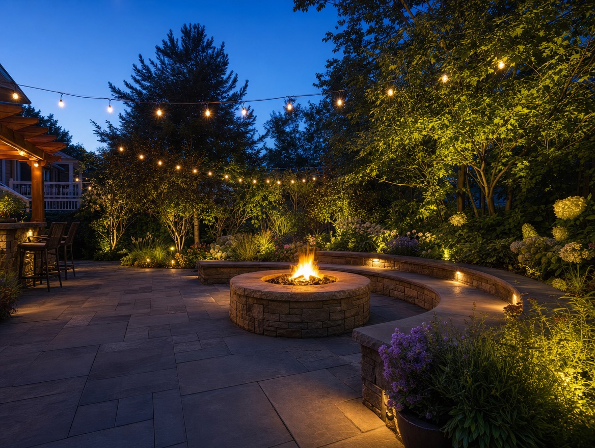 A bluestone patio with a fire pit and string lights