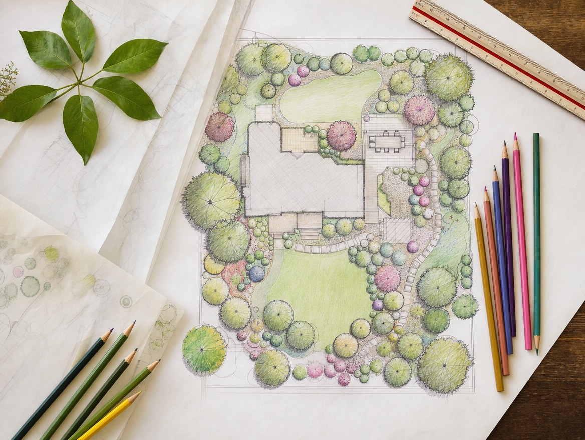 A hand-drawn coloured planting plan with pencils