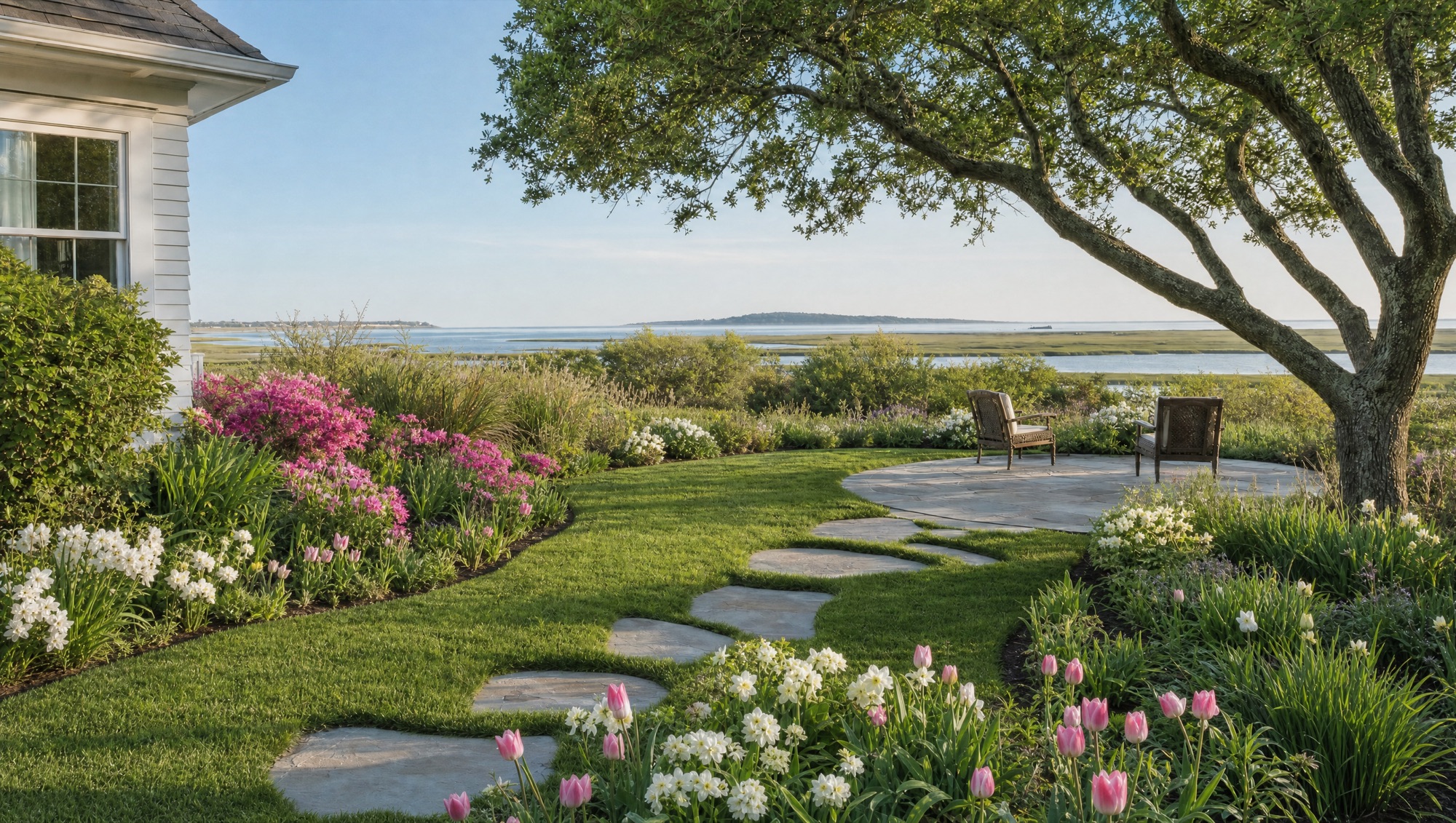The garden in spring with azaleas and fresh growth