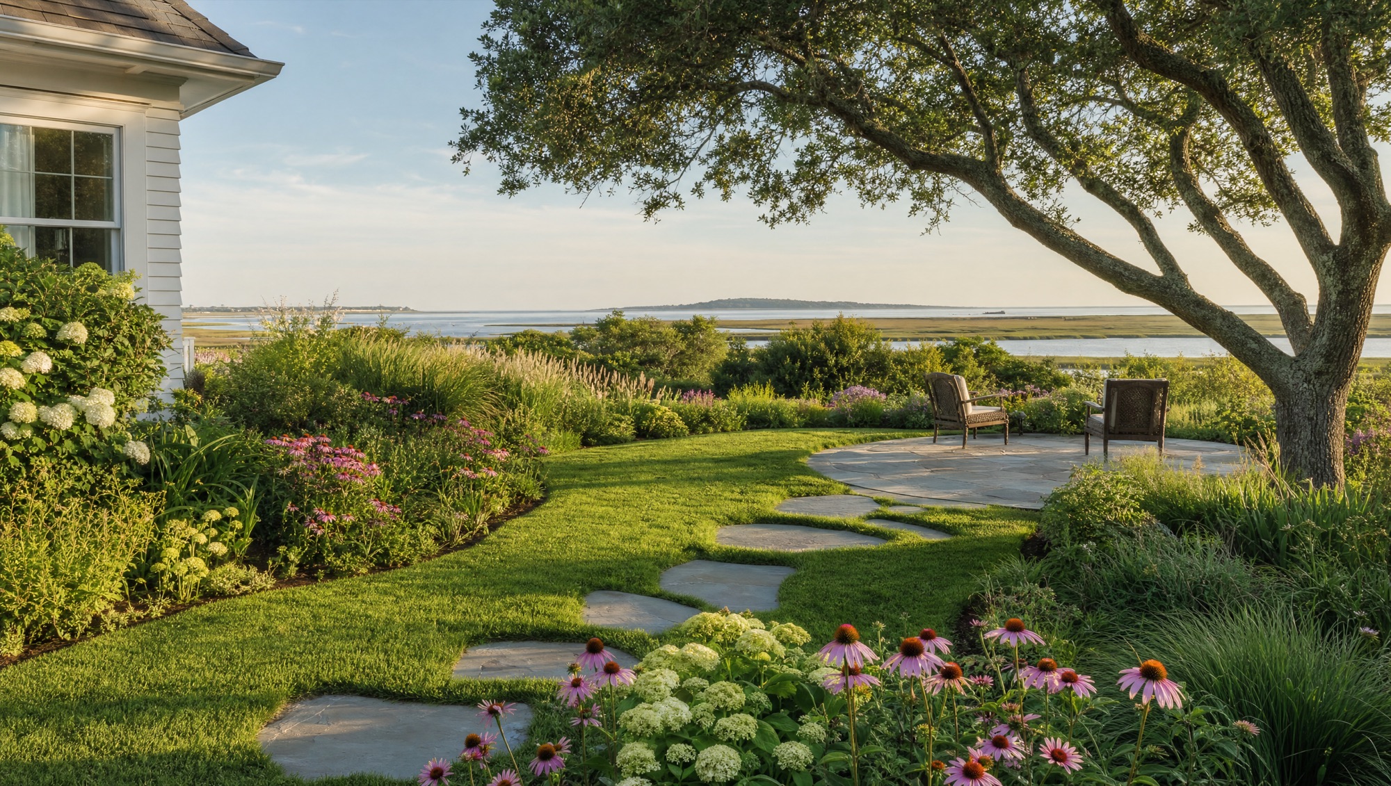 The garden in summer with hydrangeas, coneflowers and grasses