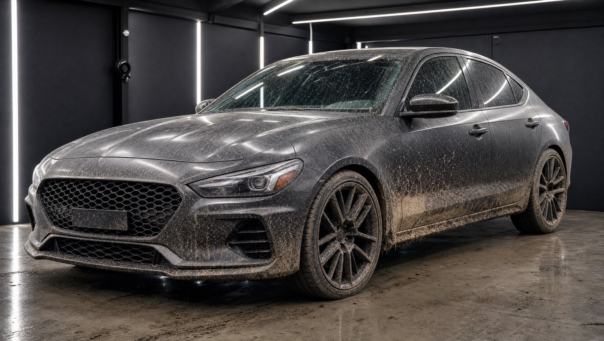 A grey sports sedan covered in mud and road grime
