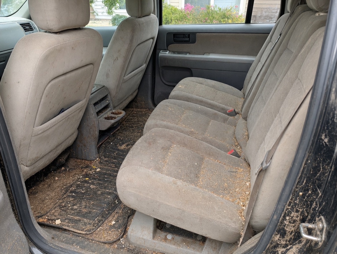 A messy SUV back seat with crumbs, sand and dog hair