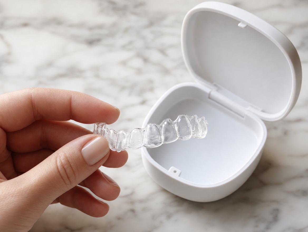 A hand holding a clear aligner tray beside its case