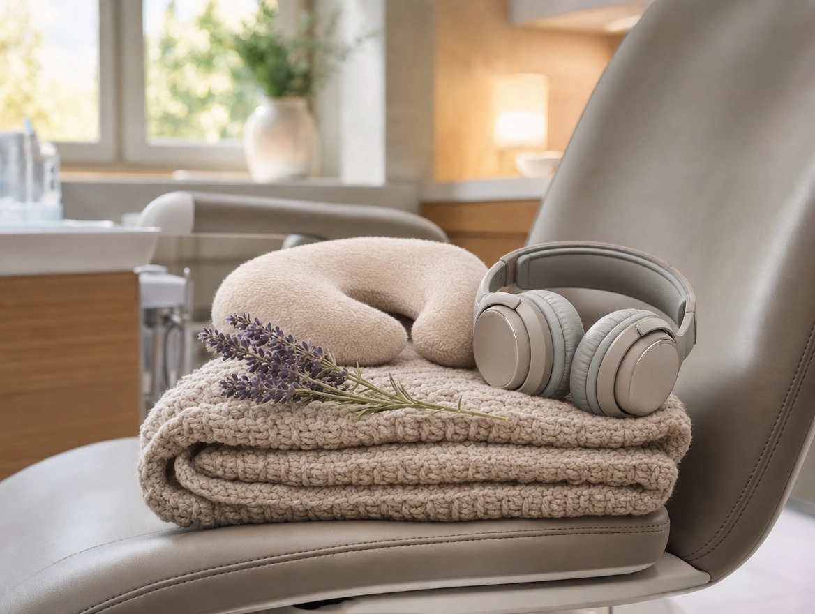 Headphones, a knit weighted blanket and a neck pillow on a dental chair
