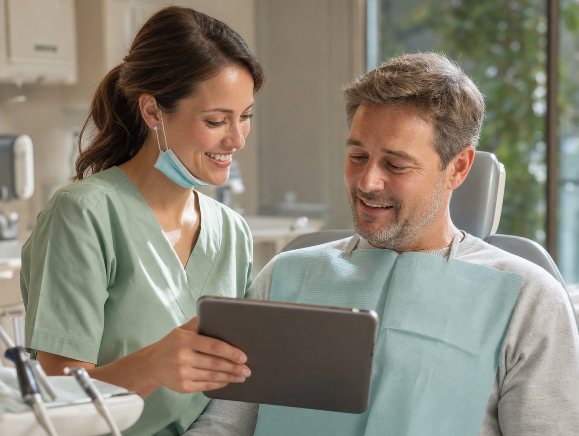 A smiling dentist showing a patient images on a tablet