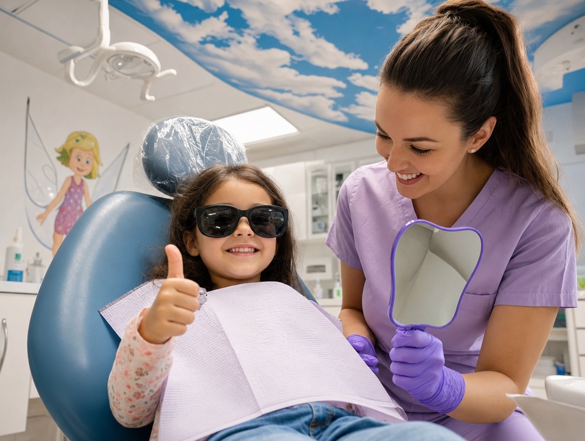 A child in a dental chair wearing sunglasses and giving a thumbs up