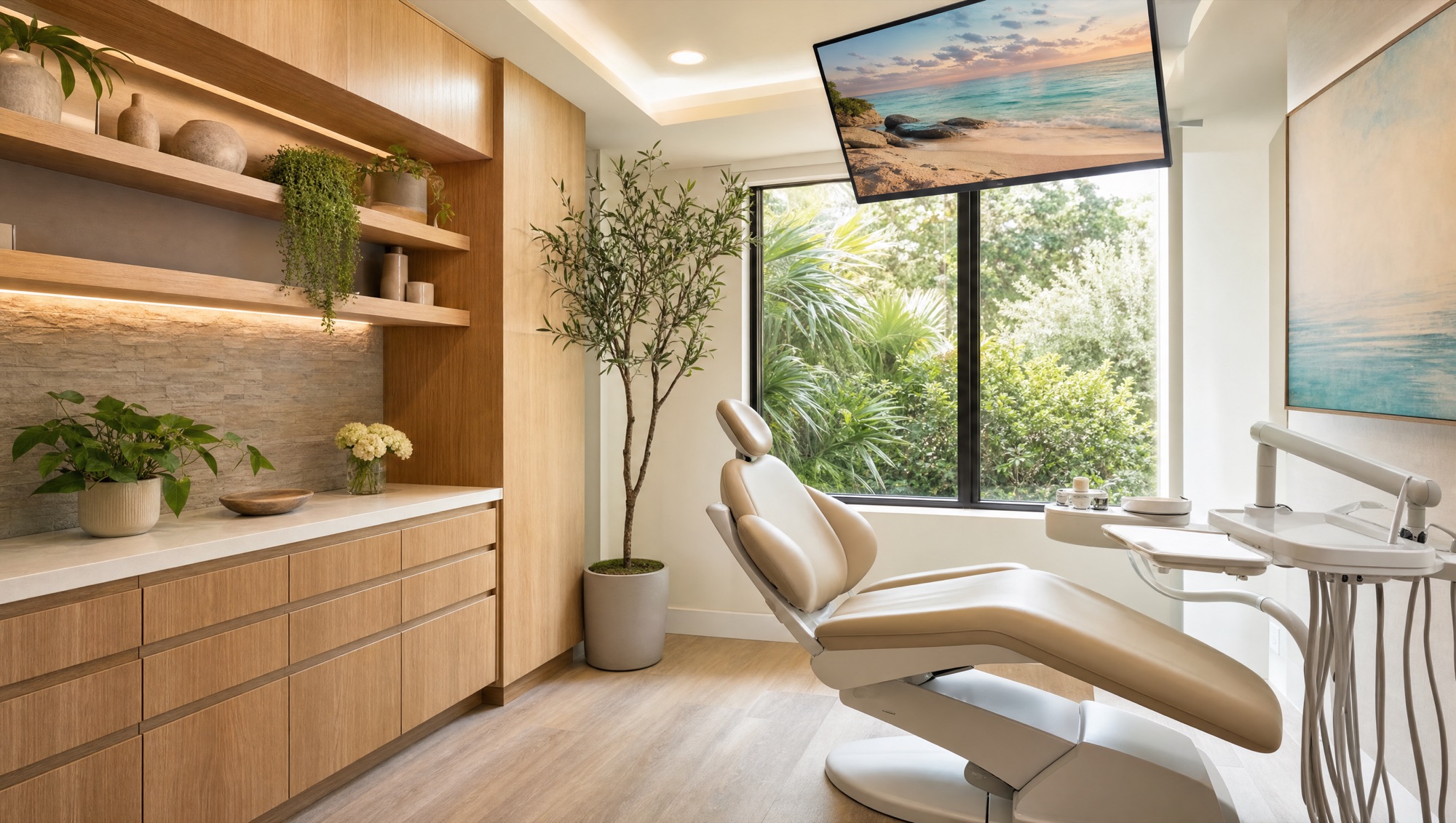 A calm treatment room with a cream dental chair, oak cabinets and a window onto greenery