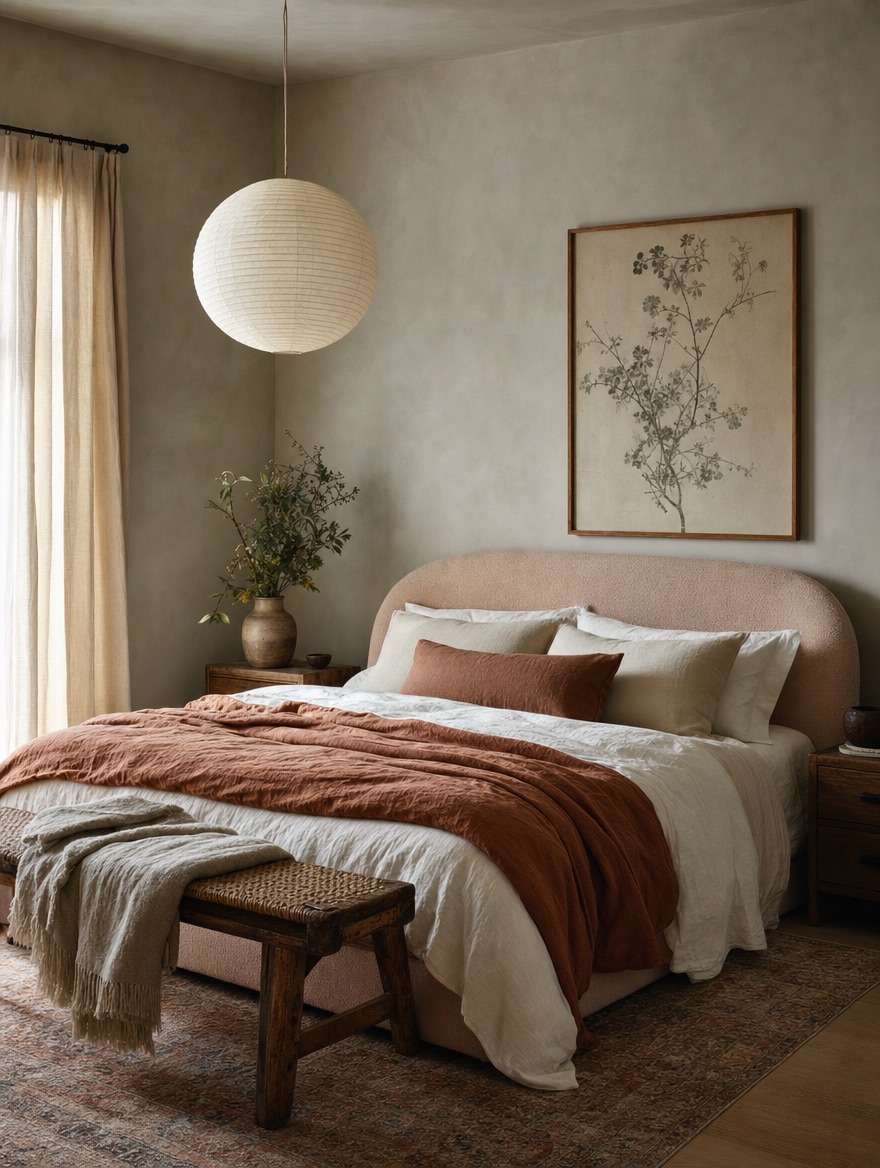 Bedroom with a blush curved headboard and paper lantern