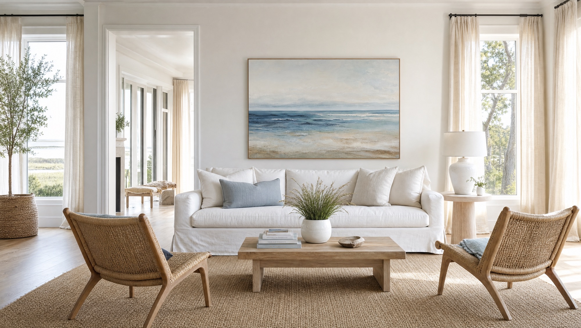 The living room styled coastal calm: white linen sofa, jute rug, rattan chairs