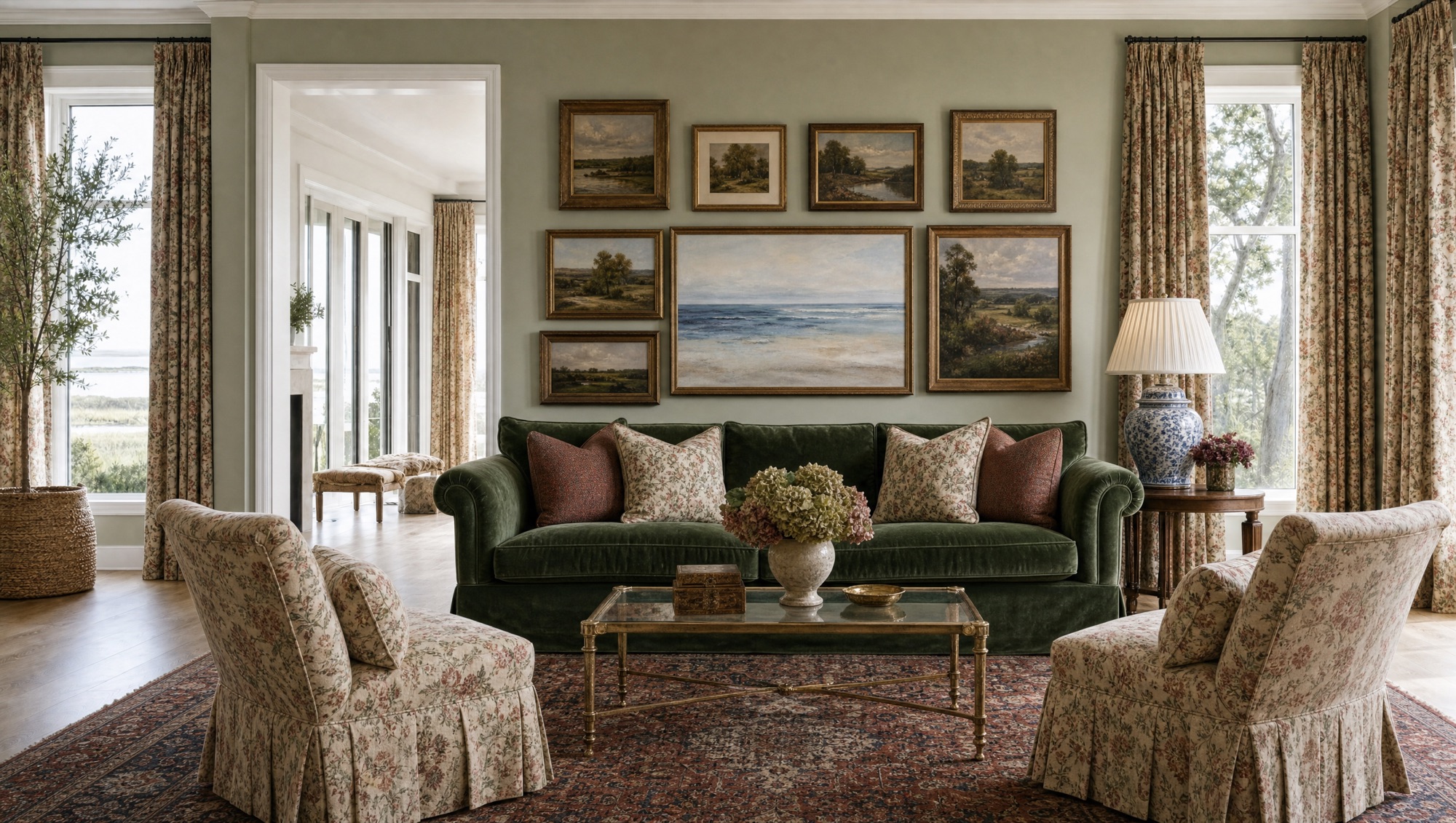 The same living room styled collected traditional: green velvet sofa, Persian rug, gallery wall