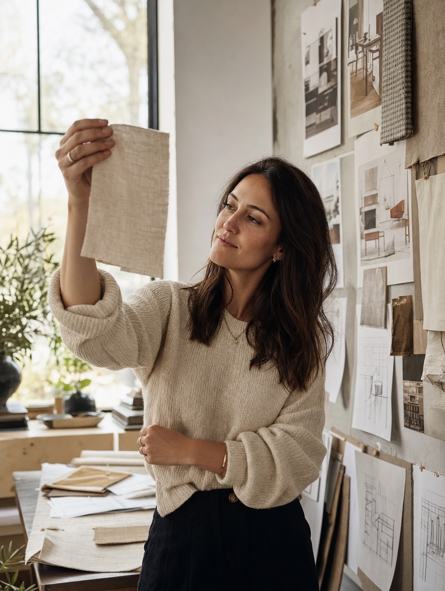 The lead designer holding a fabric swatch up to the light in the studio
