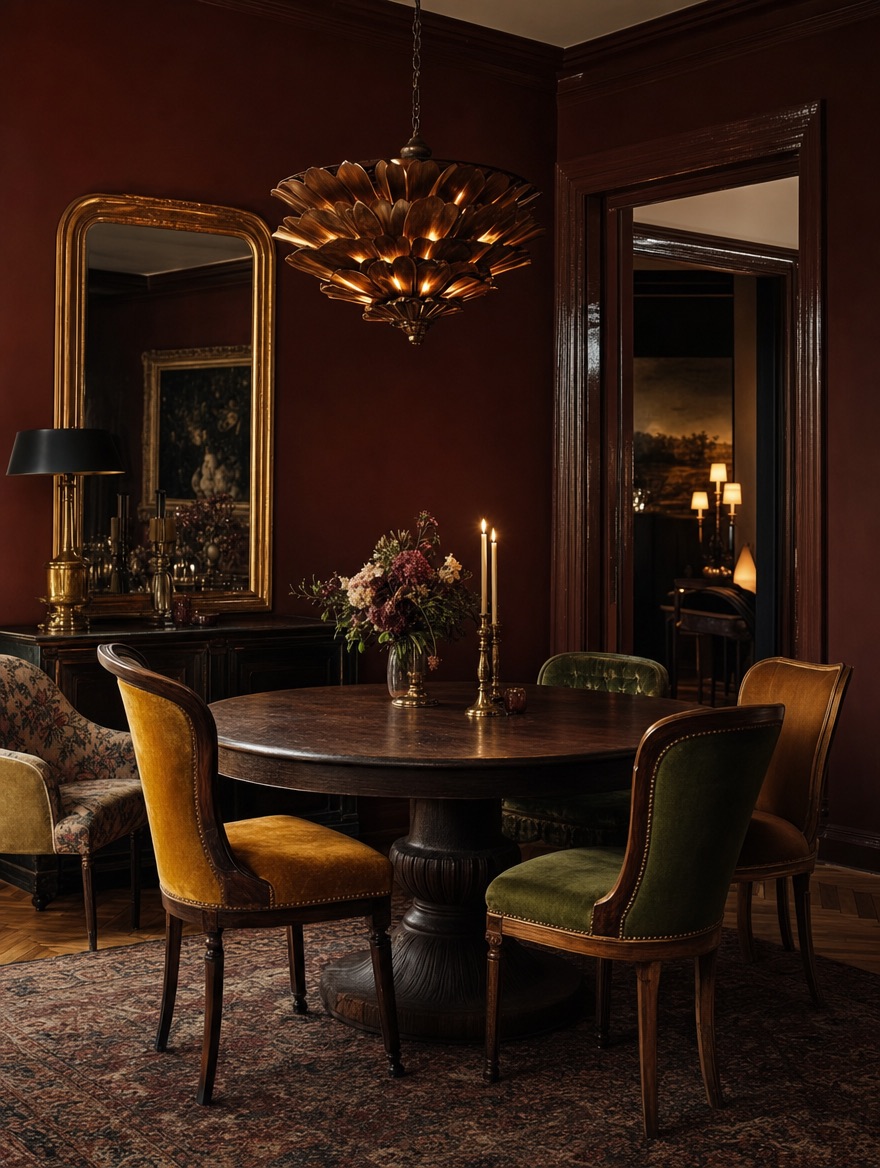 Moody dining room with velvet chairs and a sculptural chandelier