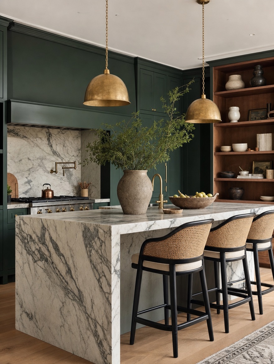 Ink green kitchen with a marble island and brass pendants